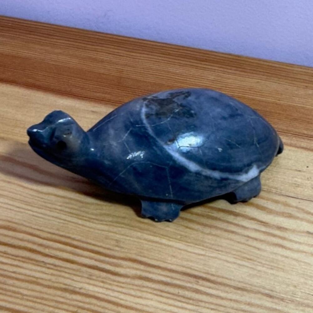 Hand Carved Gray Soapstone Turtle Figurine Natural Stone Animal Sculpture 4"